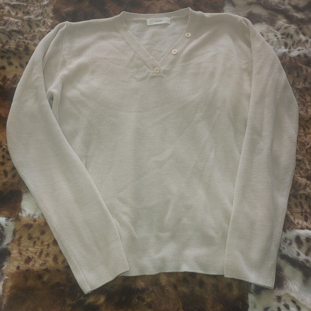 SLEEK Long Sleeve V-Neck Fitted Shirt Blouse Top Size Medium Light-Weight  Beige